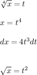 \sqrt[4]{x} =t\\\\ x=t^4\\\\dx=4t^3dt\\\\\\\sqrt{x} =t^2