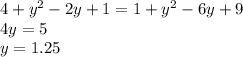 4+y^2-2y+1=1+y^2-6y+9\\4y=5\\y=1.25