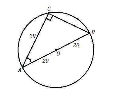Радіус кола 20 см . Знайти косинус кута між діаметром АВ і хордою АС довжина якої 28 см