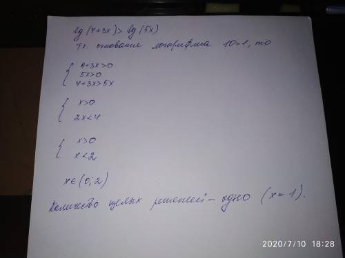 Найти количество целых решений неравенства lg(4+3x) > lg(5x)