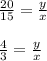 \frac{20}{15} =\frac{y}{x} \\\\\frac{4}{3} =\frac{y}{x}