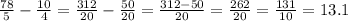 \frac{78}{5} - \frac{10}{4} = \frac{312}{20} - \frac{50}{20} = \frac{312 - 50}{20} = \frac{262}{20} = \frac{131}{10} = 13.1