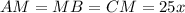 AM=MB=CM=25x