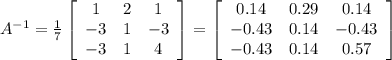 A^{-1}=\frac{1}{7}\left[\begin{array}{ccc}1&2&1\\-3&1&-3\\-3&1&4\end{array}\right]=\left[\begin{array}{ccc}0.14&0.29&0.14\\-0.43&0.14&-0.43\\-0.43&0.14&0.57\end{array}\right]