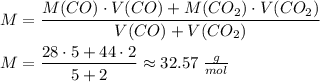 M = \dfrac{M(CO) \cdot V(CO) + M(CO_2) \cdot V(CO_2)}{V(CO) + V(CO_2)}\\\\M = \dfrac{28 \cdot 5 + 44 \cdot 2}{5 + 2} \approx 32.57\;\frac{g}{mol}