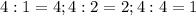 4:1=4; 4:2=2; 4:4=1