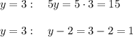 y=3:\ \ \ 5y=5\cdot 3=15\\\\y=3:\ \ \ y-2=3-2=1