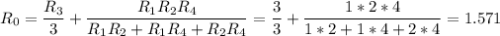 \displaystyle R_0=\frac{R_3}{3}+\frac{R_1R_2R_4}{R_1R_2+R_1R_4+R_2R_4}=\frac{3}{3}+\frac{1*2*4}{1*2+1*4+2*4}=1.571