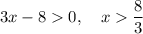 3x - 8 0, \quad x \dfrac{8}{3}