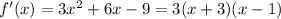 f'(x)=3x^2+6x-9=3(x+3)(x-1)