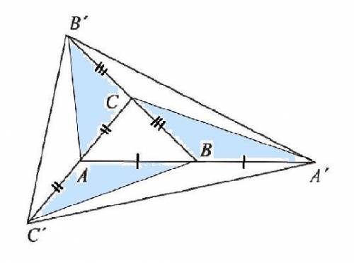 Дан треугольник ABC. Точка A' лежит на продолжении стороны AB так, что AB = BA', точка B' лежит на п