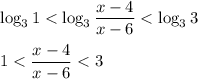 \log_3 1 < \log_3 \dfrac{x-4}{x-6} < \log_3 3 \\\\1 < \dfrac{x-4}{x-6} < 3