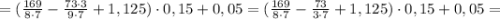 =(\frac{169}{8\cdot 7} - \frac{73\cdot 3}{9\cdot 7}+1,125)\cdot 0,15+0,05=(\frac{169}{8\cdot 7} - \frac{73}{3\cdot 7}+1,125)\cdot 0,15+0,05=