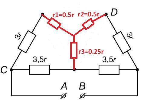 Выводы A и B схемы, изображённой на рисунке, подключены к батарейке с напряжением 3,5 В. Известно, ч