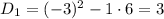 D_1=(-3)^2-1\cdot6=3