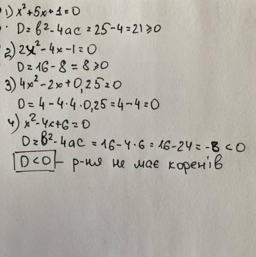 Яке з наведених рівнянь не має коренів : А) -х²-5х-1=0Б) 2х²-4х-1=0В) 4х²-2х+0,25=0Г) х²-4х+6=0