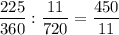 \dfrac{225}{360} : \dfrac{11}{720} = \dfrac {450}{11}