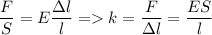 \displaystyle \frac{F}{S}=E\frac{\Delta l}{l} = k=\frac{F}{\Delta l}=\frac{ES}{l}