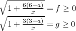 \sqrt{1+\frac{6(6-a)}{x} } =f\geq 0\\\sqrt{1+\frac{3(3-a)}{x} } = g\geq 0