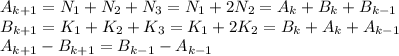 A_{k+1} =N_{1} + N_{2} + N_{3} = N_{1} +2N_{2} = A_{k} + B_{k} + B_{k-1}\\B_{k+1} =K_{1} + K_{2} + K_{3} = K_{1} +2K_{2} = B_{k} + A_{k} + A_{k-1}\\A_{k+1} -B_{k+1} = B_{k-1} - A_{k-1}