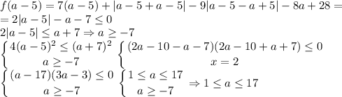 f(a-5)=7(a-5)+|a-5+a-5|-9|a-5-a+5|-8a+28=\\=2|a-5|-a-7\leq 0\\2|a-5|\leq a+7\Rightarrow a\geq -7\\\displaystyle \left \{ {{4(a-5)^2\leq (a+7)^2} \atop {a\geq -7}} \right. \left \{ {{(2a-10-a-7)(2a-10+a+7)\leq 0} \atop {x=2}} \right. \\\left \{ {{(a-17)(3a-3)\leq 0} \atop {a\geq -7}} \right. \left \{ {{1\leq a\leq 17} \atop {a\geq -7}} \right. \Rightarrow 1\leq a\leq 17