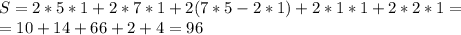 S=2*5*1+2*7*1+2(7*5-2*1)+2*1*1+2*2*1=\\=10+14+66+2+4=96