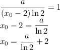 \dfrac{a}{(x_0-2)\ln{2}}=1\\x_0-2=\dfrac{a}{\ln{2}}\\x_0=\dfrac{a}{\ln{2}}+2