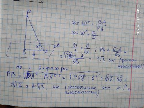С точки Р к плоскости В проведено наклонную, которая образует с плоскостью угол 30 °, Найдите длину