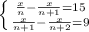 \left \{ {{\frac{x}{n}-\frac{x}{n+1}=15} \atop {\frac{x}{n+1}-\frac{x}{n+2}=9}} \right.