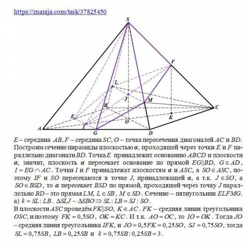 Основание четырехугольной пирамиды SABCD - параллелограмм ABCD. Через середины ребер SC и AB проведе