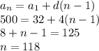 a_n=a_1+d(n-1)\\500=32+4(n-1)\\8+n-1=125\\n=118