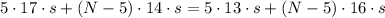 5\cdot17\cdot s+(N-5)\cdot 14\cdot s=5\cdot13\cdot s+(N-5)\cdot 16\cdot s