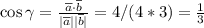 \cos{\gamma} = \frac{\overline a \cdot \overline b}{|\overline a| |\overline b|} = 4 / (4*3) = \frac{1}{3}