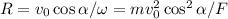 R = v_0\cos\alpha/\omega = mv_0^2\cos^2\alpha/F