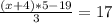 \frac{(x+4)*5-19}{3}=17