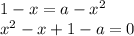 1-x = a-x^2\\x^2-x+1-a= 0