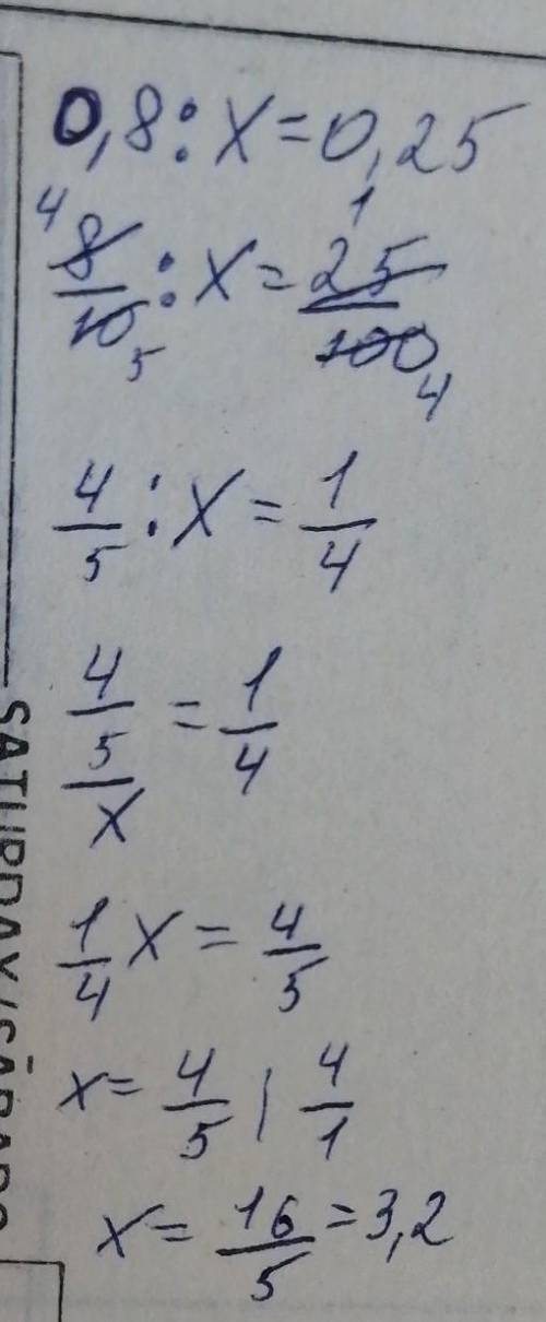 Найдите неизвестныйчлен пропорции:0,8:х=0,25​