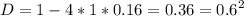 \displaystyle D=1-4*1*0.16=0.36=0.6^2