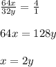 \frac{64x}{32y} = \frac{4}{1} \\ \\64x = 128y \\\\ x = 2y