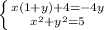 \left \{ {{x(1+y)+4=-4y} \atop {x^2+y^2=5}} \right.