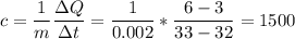 \displaystyle c=\frac{1}{m}\frac{\Delta Q}{\Delta t}=\frac{1}{0.002}*\frac{6-3}{33-32}=1500