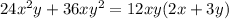 24x^2y+36xy^2 = 12xy(2x+3y)