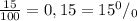 \frac{15}{100}=0,15=15^0/_0