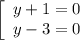 \left[\begin{array}{l} y+1=0\\ y-3=0 \end{array}