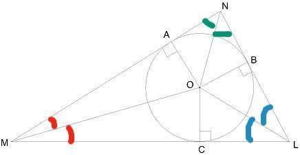 по Геометрии В треугольник вписана окружность. Вычисли неизвестные углы, если ∢ OMN = 26° и ∢ ONL =