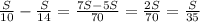 \frac{S}{10}-\frac{S}{14}=\frac{7S-5S}{70} =\frac{2S}{70}=\frac{S}{35}