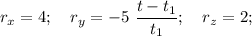 r_x = 4;~~~r_y = -5~\dfrac{t-t_1}{t_1} ;~~~r_z = 2;