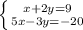 \left \{ {{x+2y=9} \atop {5x-3y=-20}} \right.