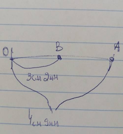 Начетите отрезок OA,длина которого равна 4 см 9 мм.Отметьте на нём точку B так, чтобы OB = 3 см 2 мм