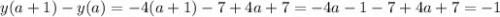 y(a+1) - y(a) = -4(a+1) - 7 +4a +7 = -4a -1 -7 +4a +7 = -1